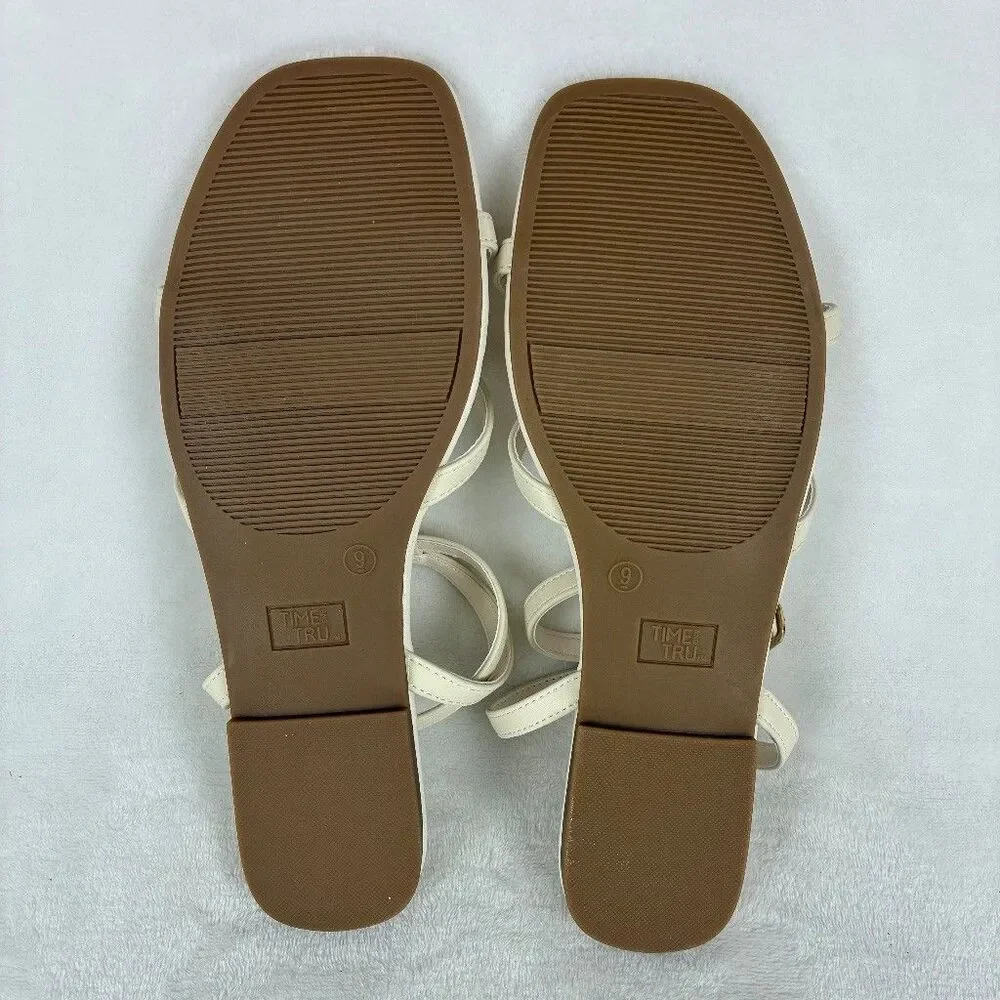 Time and Tru Womens Size 9 Cream Strappy Flat Sandals Ankle Strap Square
